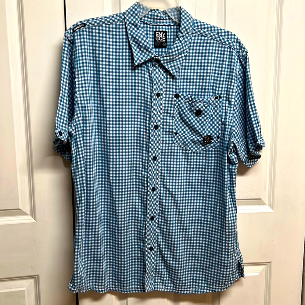 Enyce Blue White Black Plaid Short Sleeve Pocket Cotton Shirt Size 3XL